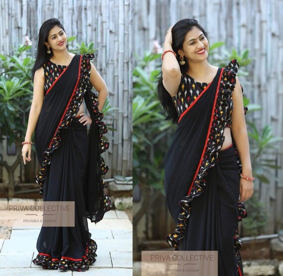 Designer Black Georgette Ruffle Saree 