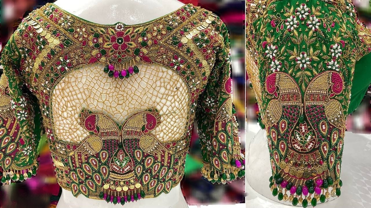 Green Maggam Blouse With Peacock Designed Blouse Saree Blouse Bridal Blouse  Designer Blouse Handmade Blouse Zardosi Custom Blouse 