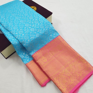 Pure Kanchipuram Pattu Silk Saree – Sky Blue with Pink Zari Border| Handwoven Festival & Wedding Wear| Festival Saree| Festival Sale| Saree