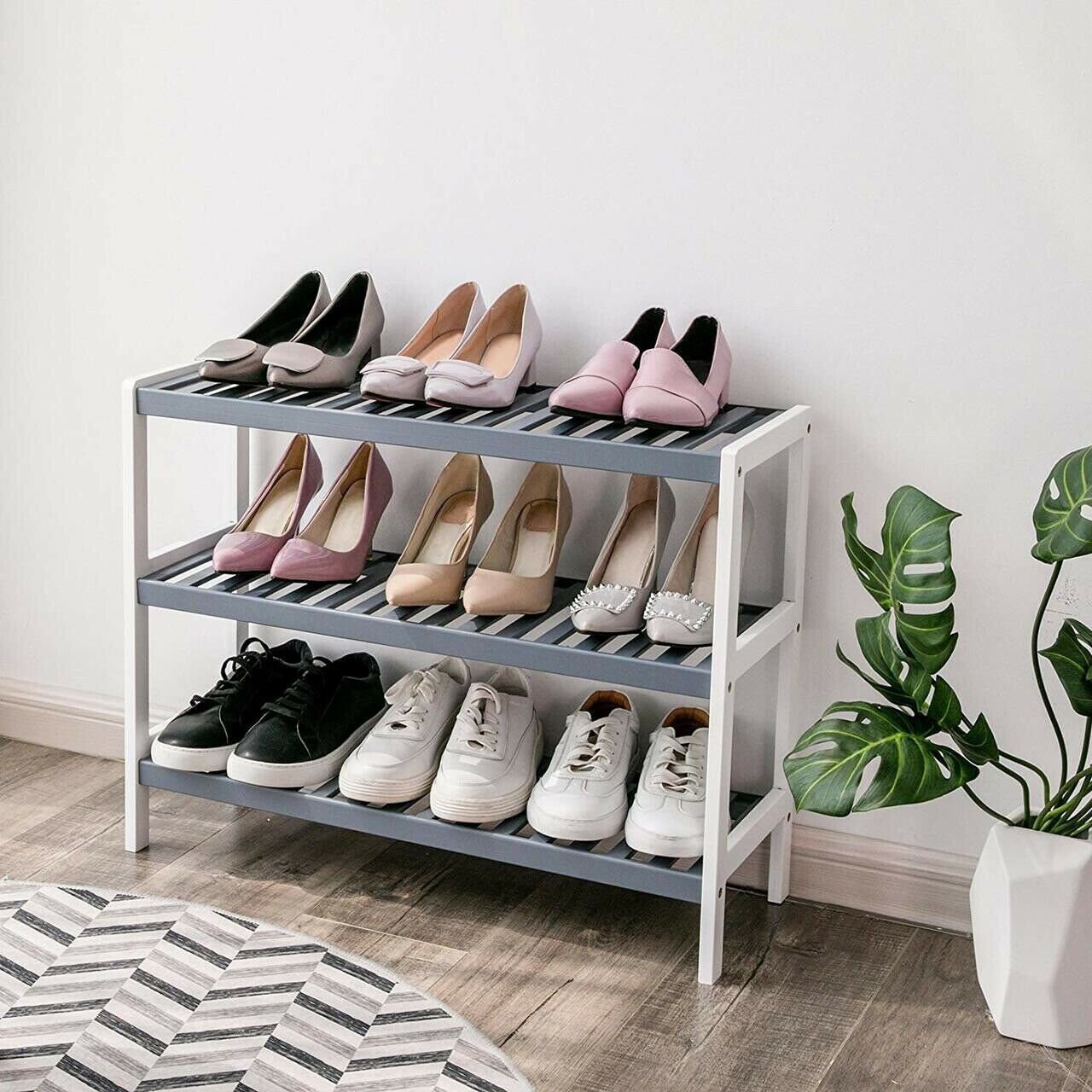 3 Tier Natural Bamboo Grey Shoe Rack Organise Stand Storage Etsy UK