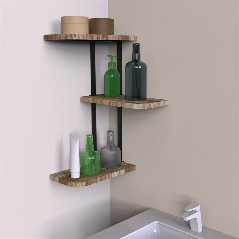 3 Tier Rustic Wood Corner Shelf Home Display Storage Rack Wall Floating Decor 