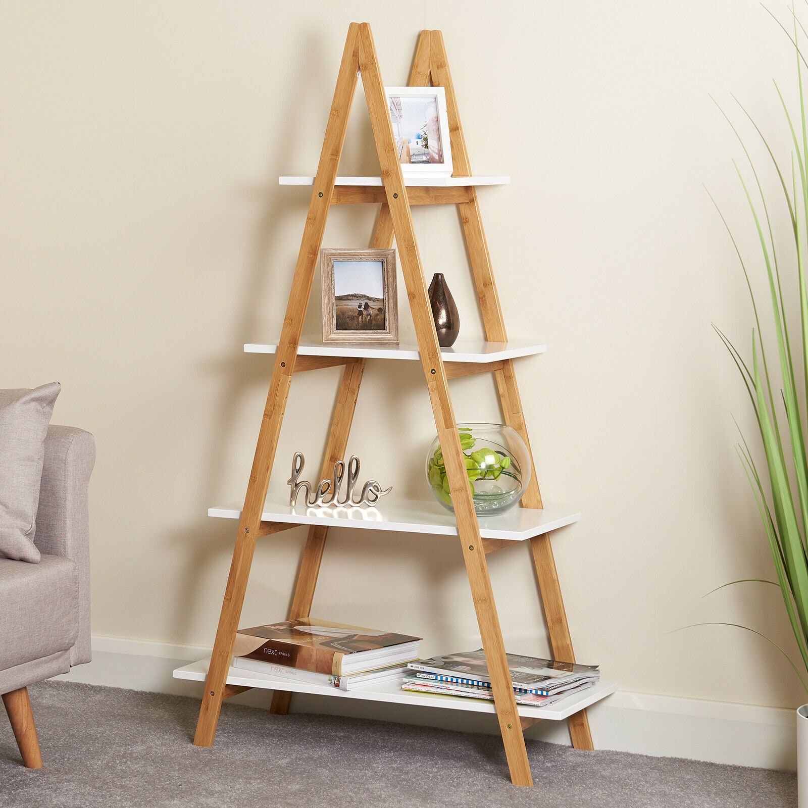 4 Tier White Wooden Ladder Shelf Bookcase Display Unit Bamboo Etsy UK