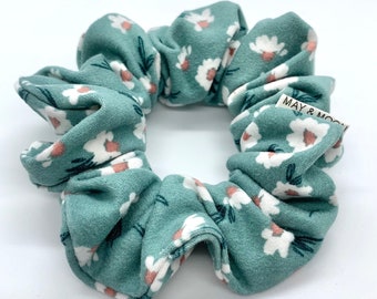 Super Soft Green Floral Scrunchie // Teal Scrunchy, Gifts for Her, Teen Gift