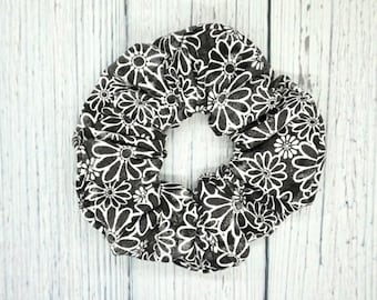 Black Floral Hair Scrunchie // Black and White Scrunchie with Flowers