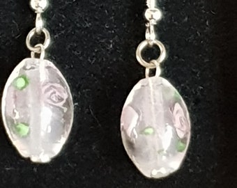 Lampwork pink flower glass bead earrings
