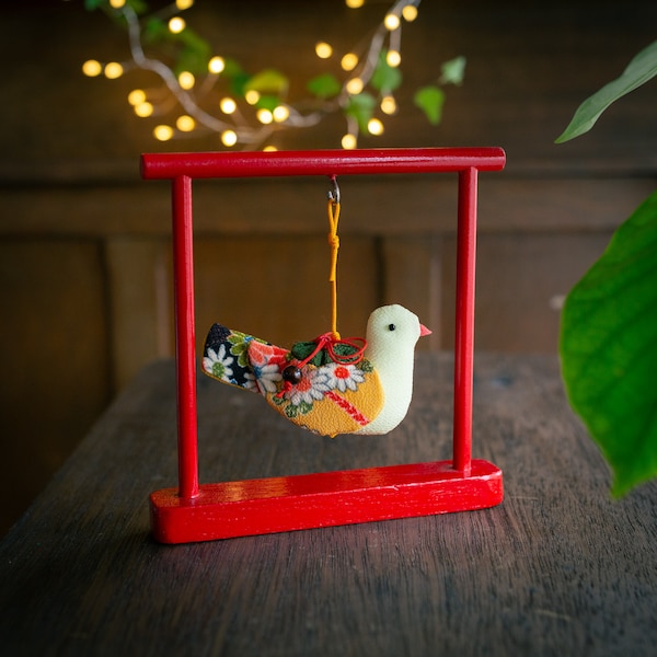 Japanese Hand-Made Traditional Hanging Ornament Mobiles and Hanging Stand  -yellow pigeon- / Japanese Chirimen Art /