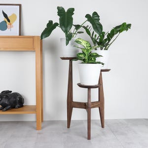 May include: A dark wooden plant stand with three tiers supports three potted plants with green leaves. A wooden console table with a drawer and a black rabbit ornament are also visible. An abstract art print hangs above the table.