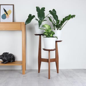 May include: A wooden plant stand with three levels holds three white pots with green plants. A wooden console table with a drawer and a framed abstract art print are in the background. A black rabbit figurine sits on the console table shelf.