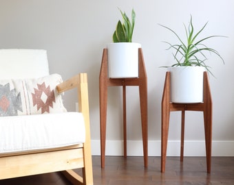 Set of 2 Plant Stands "Deluxe" , Sapele Mahogany, Mid century modern style, handmade in Canada, Solid Hardwood