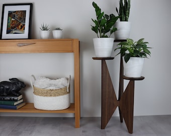 Three Tier Plant Stand, Walnut, Mid-century modern, Solid Hardwood