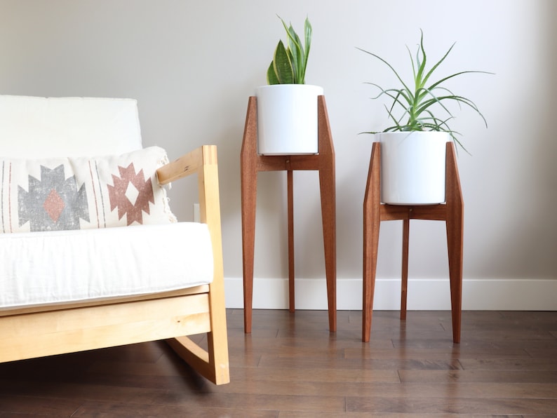 Set of 2 Plant Stands Deluxe , Sapele Mahogany, Mid century modern style, handmade in Canada, Solid Hardwood image 1