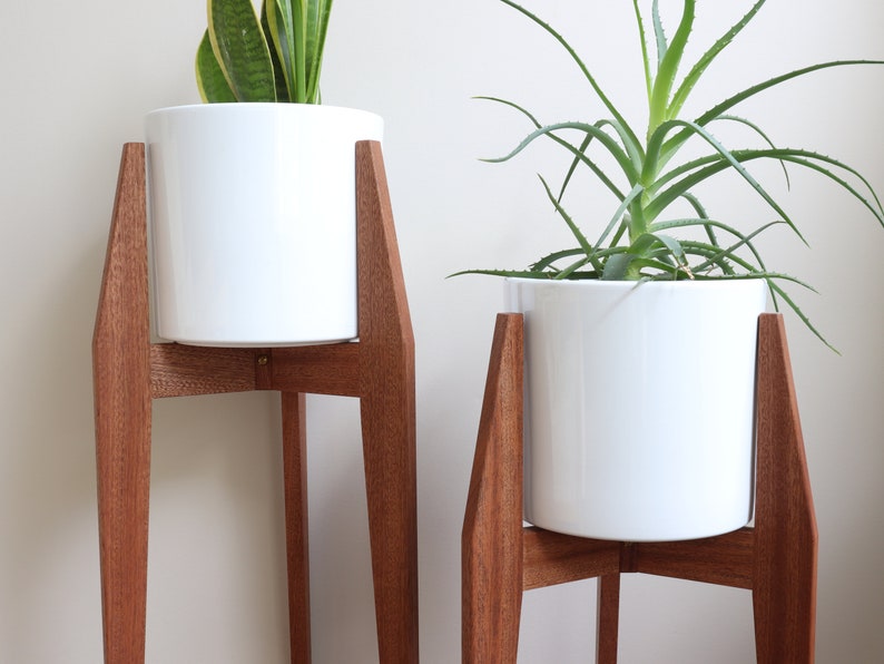 Set of 2 Plant Stands Deluxe , Sapele Mahogany, Mid century modern style, handmade in Canada, Solid Hardwood image 4