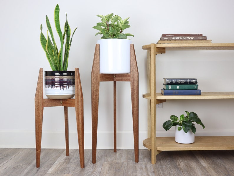 Set of 2 Plant Stands Deluxe , Sapele Mahogany, Mid century modern style, handmade in Canada, Solid Hardwood image 2