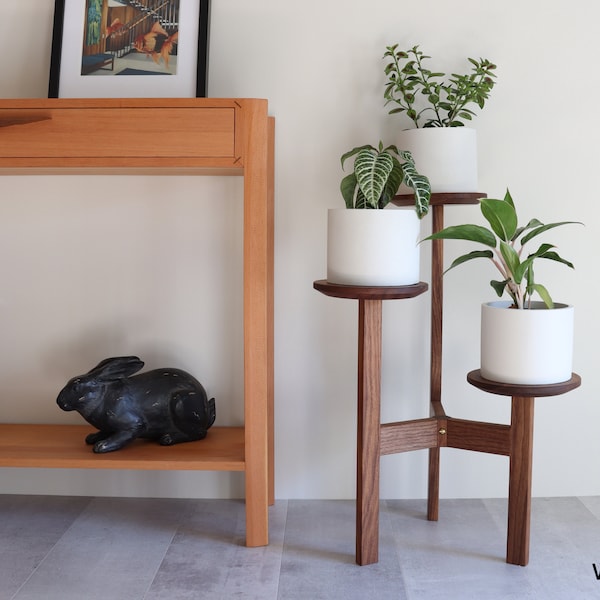 Plant Stand, Three Tier, Mid century modern style, handmade in Canada, Solid Hardwood