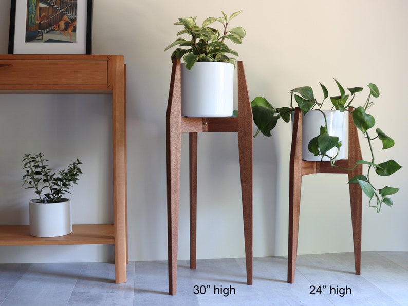 Set of 2 Plant Stands Deluxe , Sapele Mahogany, Mid century modern style, handmade in Canada, Solid Hardwood image 5