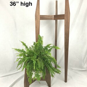 May include: Walnut plant stand with a fern plant in a white pot. The stand is 36 inches tall and the plant stand is 12 inches tall.