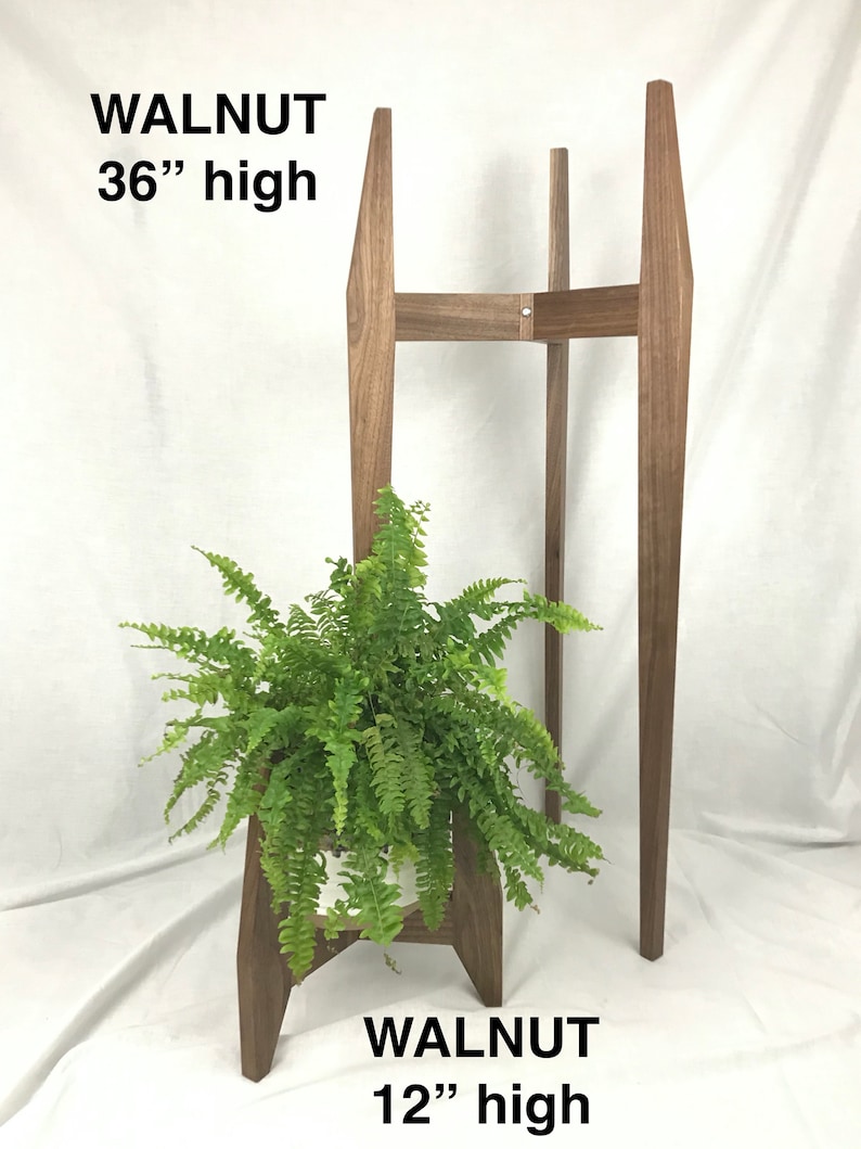 May include: Walnut plant stand with a fern plant in a white pot. The stand is 36 inches tall and the plant stand is 12 inches tall.