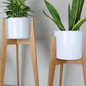 May include: Two white ceramic plant pots on wooden stands. The stands are made of cherry wood and have a mid-century modern design. The plants are green and leafy.