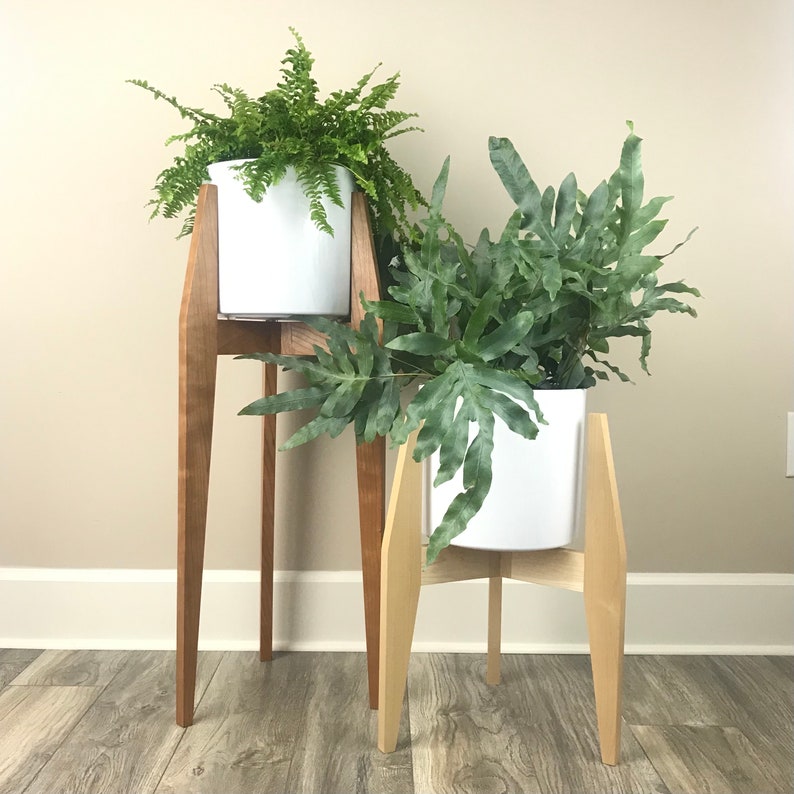 May include: Two wooden plant stands with white ceramic pots and green leafy plants. The stands are made of natural wood and have a simple, modern design.