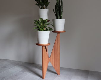 Three Tier Plant Stand, Sapele Mahogany, Mid-century modern, Solid Hardwood