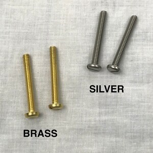 May include: Two brass screws and two silver screws. The screws are all the same size and have a flat head. The screws are arranged in two rows, with the brass screws on the left and the silver screws on the right. The text "BRASS" is below the brass screws and the text "SILVER" is below the silver screws.