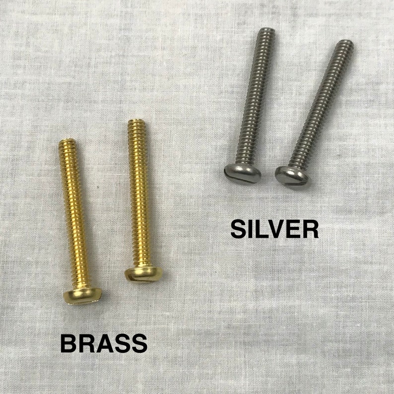 May include: Two brass screws and two silver screws. The screws are all the same size and have a flat head. The screws are arranged in two rows, with the brass screws on the left and the silver screws on the right. The text "BRASS" is below the brass screws and the text "SILVER" is below the silver screws.