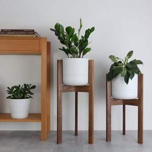 Puede incluir: Dos macetas blancas con plantas verdes en soportes de plantas de madera. Los soportes son de madera de nogal. El soporte m&aacute;s grande mide 76 cm de alto y el m&aacute;s peque&ntilde;o 61 cm.