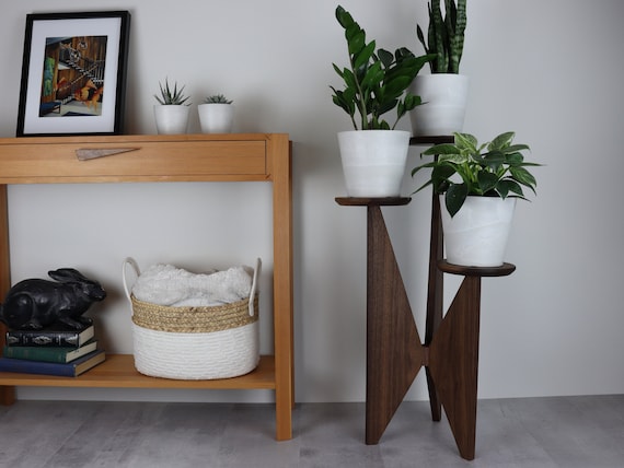 Three Tier Plant Stand Walnut Mid century Modern Solid Hardwood