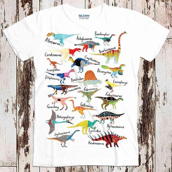 Dinosaur Names T Shirt Wild Animal Pictures History Cool Gift Retro Pre Historic Style Vintage Top Tee 8982