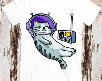 Astronaut Kitten Music Radio Cat T-Shirt Pet Lovers Animal Cute Art Fashion Design Cool Gift Top Tee 8979