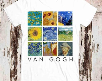 Van Gogh Painting Collage with Starry Night and Sunflowers Limited Edition Style Design Top Art Retro Tee Best Seller T Shirt 8999