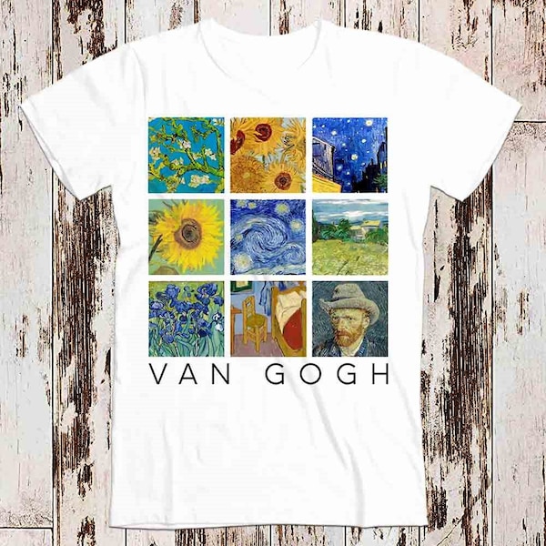 Van Gogh Painting Collage with Starry Night and Sunflowers Limited Edition Style Design Top Art Retro Tee Best Seller T Shirt 8999