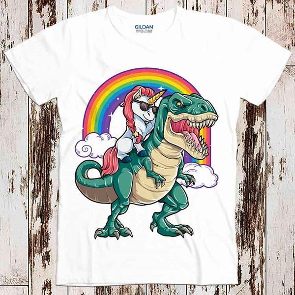 Unicorn Riding Dinosaur T Rex Funny Party Rainbow Squad Best Gift Top Tee T Shirt 8753
