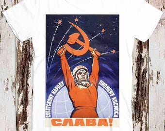 Soviet Space Astronaut Propaganda Retro Tee Top Vintage Unisex Ladies T shirt 8269