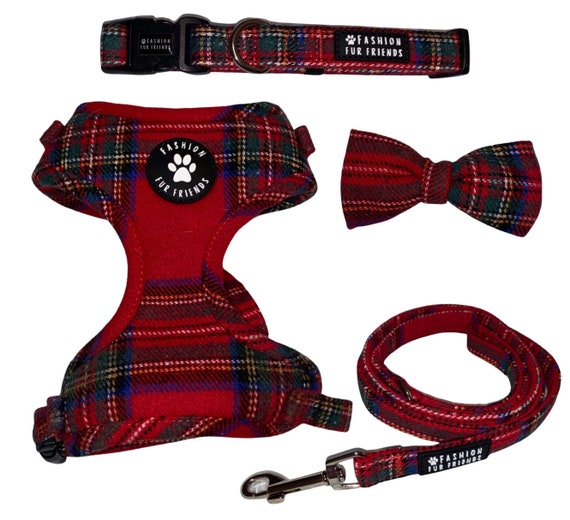 Luxury Tweed Matching Red Tartan Dog Walking Set Harness Lead Etsy