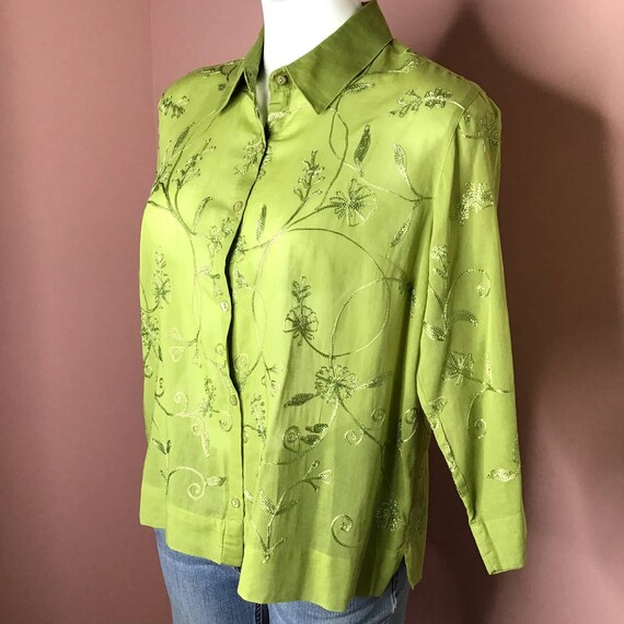 Vtg Parisian Signature Green Voile Blouse PL