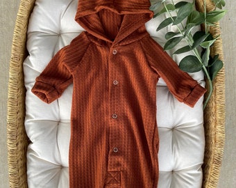 Toddler Waffle Hooded Romper | Long Sleeve Children's Clothes | Cute Fall Outfit