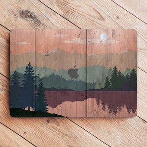 Macbook case for Macbook Pro 13 Air M1 M2 M3 2022 - 2010 11, 12, 13, 14, 15, 16 Inch Forest landscape mountain sunset design on wood cover