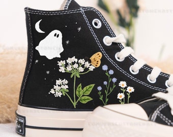Embroidered Converse Ghost and Dandelion Flower, Flower Converse, Customized Converse Embroidered Shoes, gift for son, goblin core shoes