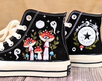 Embroidered Converse Mushroom and Frog, Converse High Tops Chuck Taylor Embroidered Frog & Mushroom, Mushrooms Embroidered Converse Custom