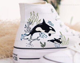 Custom Embroidered Converse High Tops/ Custom Converse Chuck Taylor 1970s Shark Embroidered/ Ocean Vibes Embroidered