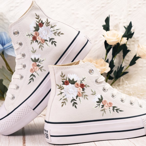 Custom Embroidered Wedding Converse High Tops, Wedding Flowers Embroidered Shoes, Bridal Flowers Embroidered Sneakers, Personalized Sneaker