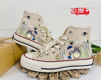 Converse Embroidered Custom Cartoon, Neighbor Totoro Embroidered Converse, Flower Converse, Embroidery Converse Chibi and Gibi