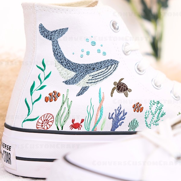 Embroidered Converse/Custom Converse High Tops/Converse Embroidered With A Variety Of Colorful Sea Creatures/Gifts For Daughter