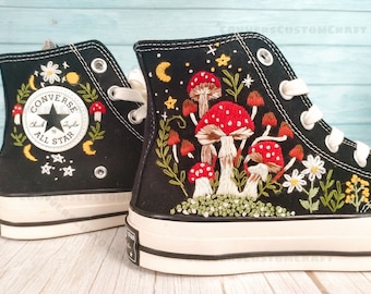 Embroidered Converse Mushroom and Frog, Converse High Tops Chuck Taylor Embroidered Frog & Mushroom, Mushrooms Embroidered Converse Custom