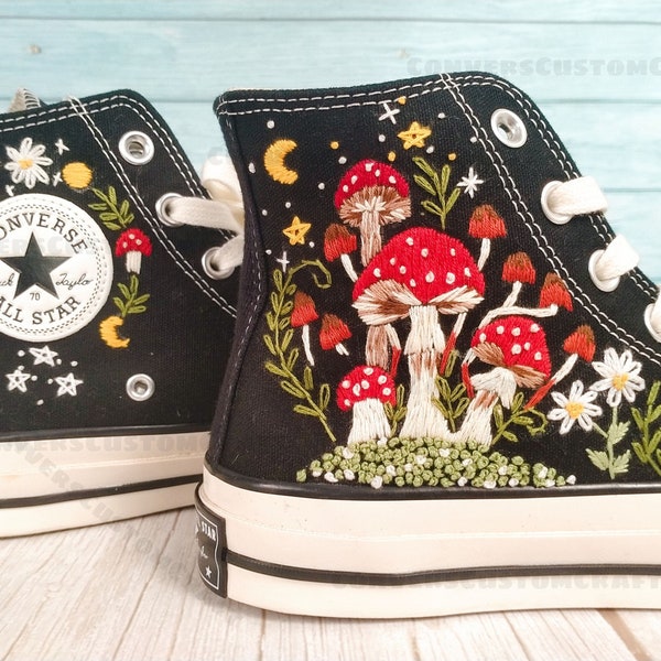 Embroidered Converse Mushroom and Frog, Converse High Tops Chuck Taylor Embroidered Frog & Mushroom, Mushrooms Embroidered Converse Custom