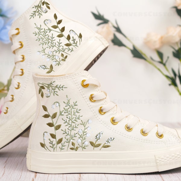 Custom Embroidered Wedding Shoes, Wildflowers Embroidered Converse, Bridal Flowers Embroidered Sneakers, Personalized Bridal Sneakers Gift