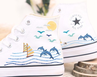 Custom Embroidered Converse High Tops/ Custom Converse Chuck Taylor 1970s Shark Embroidered/ Ocean Vibes Embroidered