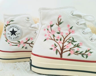 Custom Embroidered Converse High Tops Taylor 1970s/ Sweet Cherry Blossom Shoes/ Custom Sneaker Taylor Embroidered Flower