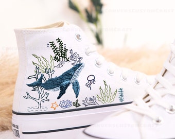 Custom Embroidered Converse High Tops/ Custom Converse Chuck Taylor 1970s Shark Embroidered/ Ocean Vibes Embroidered